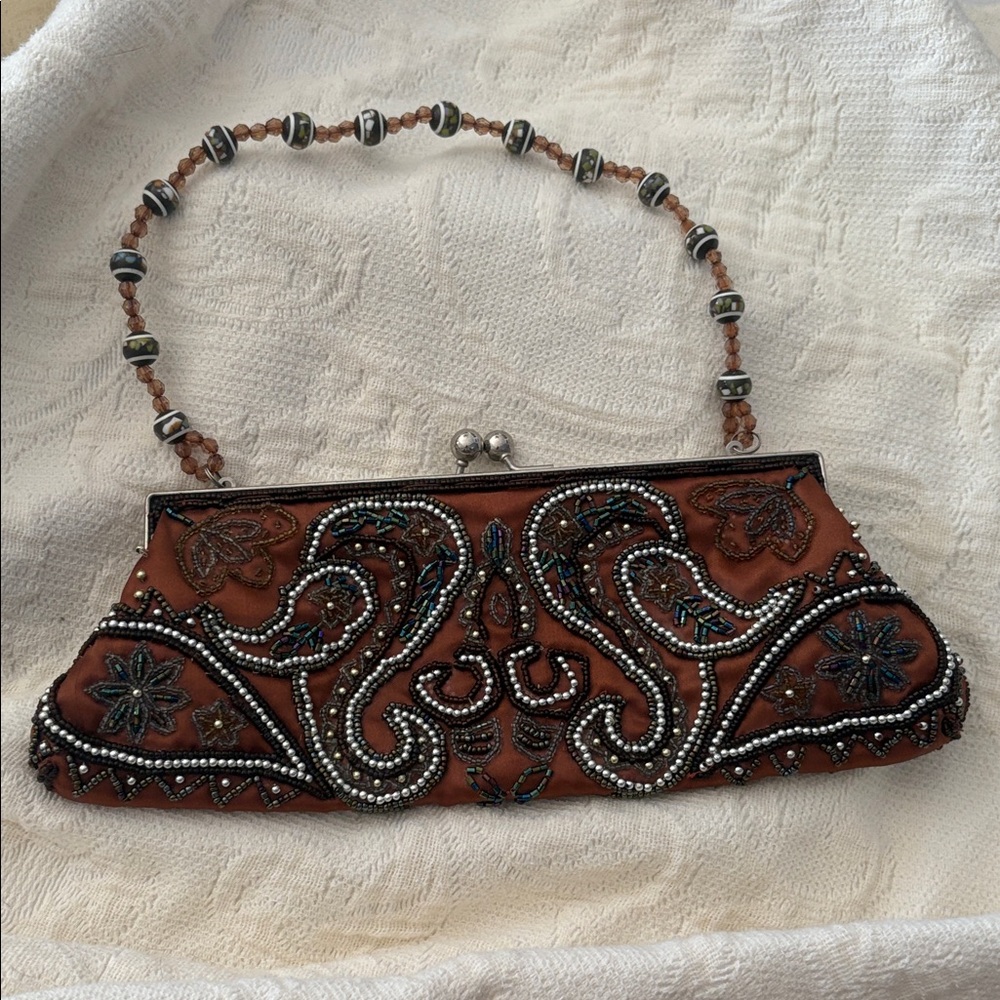 Bisou Bisou Brown Beaded Clutch with Handle